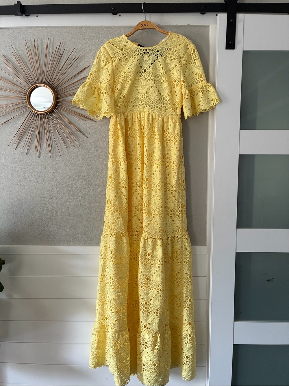 Perseverance London Yellow Eyelet Lace Maxi Dress with Flutter Sleeves